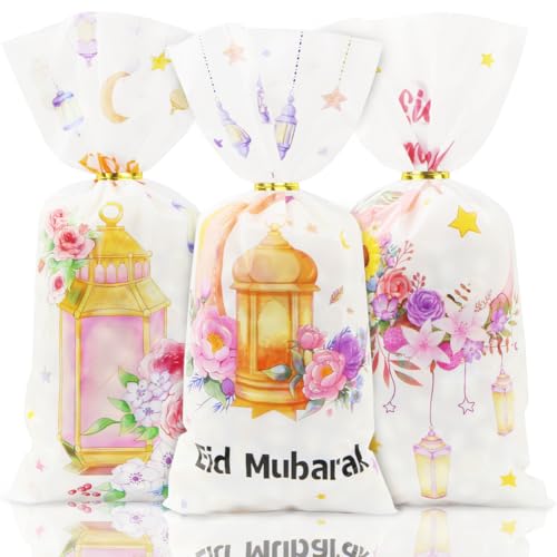 Eid Mubarak Cellophane Bags 50 PCS,Ramadan Goodie Bags With Ties,Pink Flower Lanterns Crescent Moon Candy Treat Bags For Eid Mubarak Islamic Muslim Spring Party