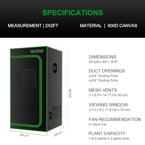 2x2 Grow Tent, 24"x24"x48'' High Reflective 600D Diamond Mylar Canvas with Observation Window and Floor Tray for Hydroponic Indoor Plant Growing - size: 24"x24"x48"