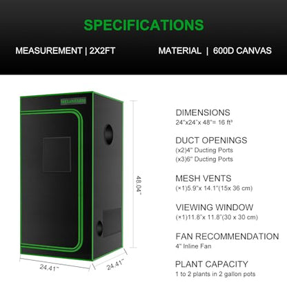 2x2 Grow Tent, 24"x24"x48'' High Reflective 600D Diamond Mylar Canvas with Observation Window and Floor Tray for Hydroponic Indoor Plant Growing - size: 24"x24"x48"