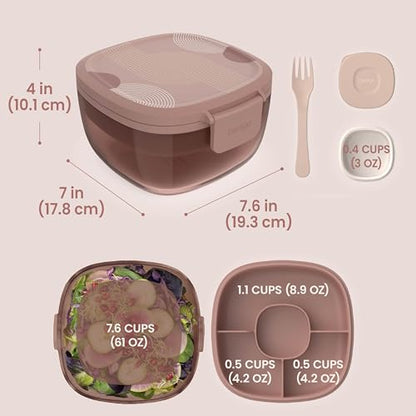 Bentgo Glass Prints Salad Container - 7.6-Cup Tinted Glass Salad Bowl with Airtight Lid, Leak-Proof Sauce Container, 4-Compartment Bento Meal Prep Tray & Reusable Fork (Mod Curve - Desert Rose) - color: Mod Curve - Desert Rose