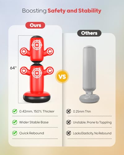 QPAU 360° Rotatable Punching Bag for Kids, Lager 64” Kids Punching Bag with Gloves, Hand Pump & 6 Targets, Bop Bag Inflatable Punching Toy, Karate Gifts for Boys, Girls - color: Red