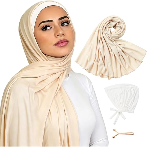 Hijab Scarf for Women, 3PCS Set with Undercap and Hijab Clip Lightweight Modal Muslim Head Wrap Scarf for Daily - color: Sy20-beige Hijab+white Undercap