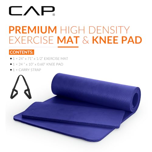 CAP Barbell 1/2-Inch High Density Exercise Yoga Mat with Strap | Multiple Options - color: Blue, style: Yoga Mat w/Knee Pad