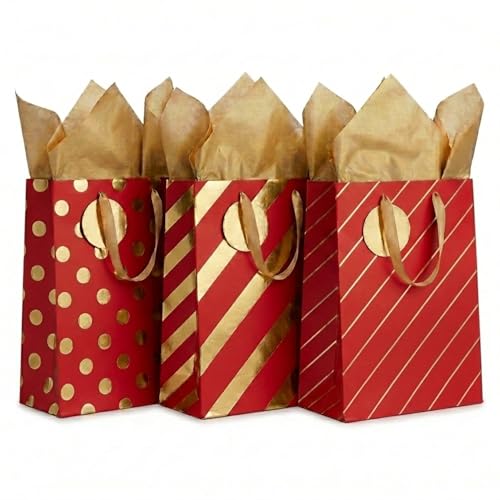 MilkToast Brands 3 Pack Medium Gift Bags Set – Red & Gold Designs (Polka Dot, Stripes) with Tissue Paper & To/From Tags – Premium Birthday, Holiday Gift Wrapping Bags (Red) - color: Red & Gold