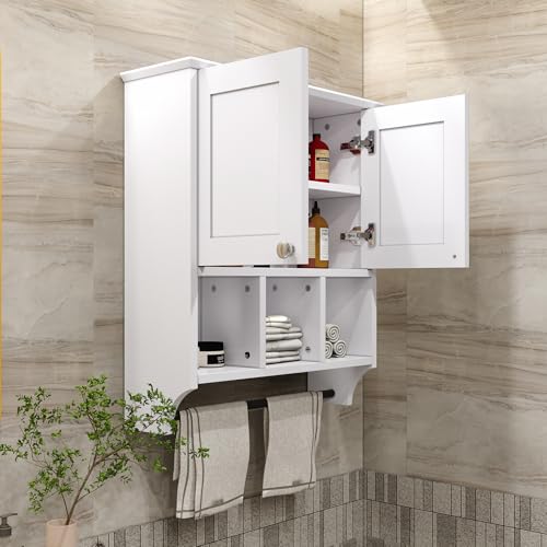 Bathroom Medicine Cabinet, Bathroom Cabinet Wall Mounted Over-The-Toilet with Towel Bar, 2 Doors & 3 Open Shelves, White - color: White