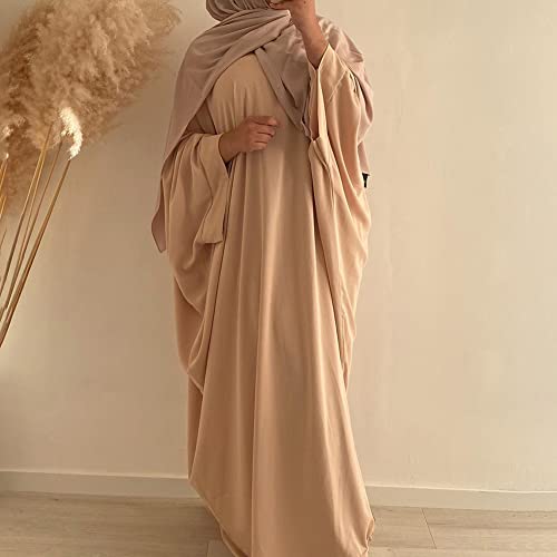 Muslim Dress for Women Pakistani Kaftan Abaya Robe + Hijab Arabic Islamic Prayer Clothes Dubai Outfits - color: Apricot Set