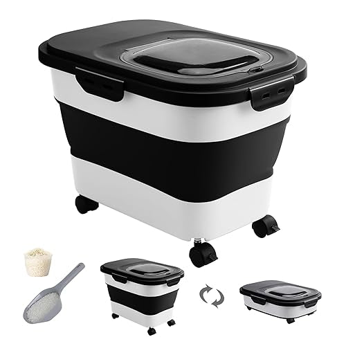 20-30 Lbs Rice Storage Container,Collapsible Food Storage Container | Flour Storage Container with Wheels Airtight Locking Lid,Rice Container Double Seal,Keep Fresh for Pet Food,Rice,Flour - color: Black/20-30LBS