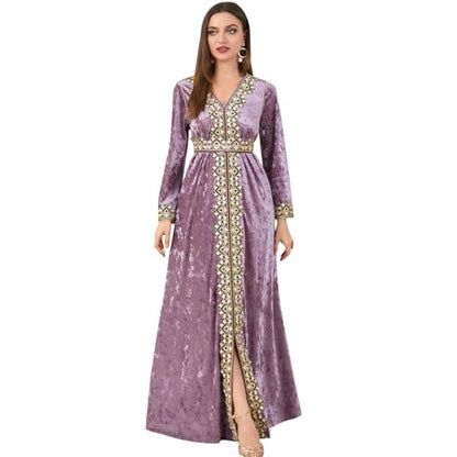 IDOPIP Muslim Women Velvet Dress Embroidery Abayas Long Sleeve V-Neck Moroccan Maxi Kaftan Dubai Robe Arabic Islamic Clothing - color: Light Purple, size: Medium