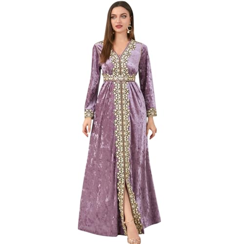 IDOPIP Muslim Women Velvet Dress Embroidery Abayas Long Sleeve V-Neck Moroccan Maxi Kaftan Dubai Robe Arabic Islamic Clothing - color: Light Purple, size: Large