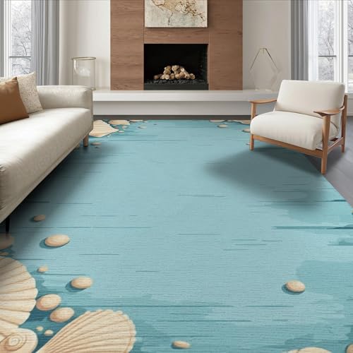 8'x10' Washable Contemporary Seashell Area Rug, Beige Foldable Oversized Carpet for Living Room, Under Sectional, Family Room, Non-Slip Flatwoven Floor Covering | Ref:1952584 - color: Blue/Pattern 49, size: 8' x 10' (Rectangular)