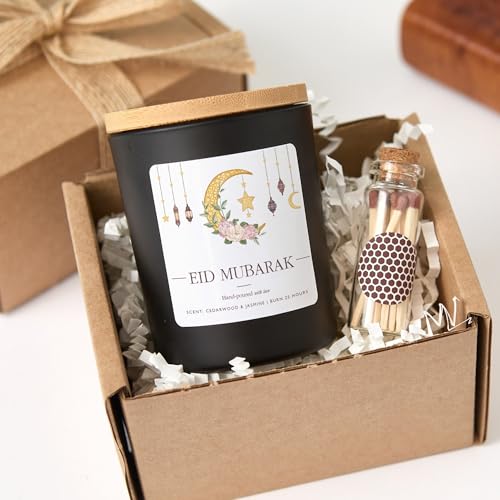 Eid Mubarak Scented Candle Gift | Islamic Celebration Candle with Gift Box and Mini Matches-Black/Cedarwood & Jasmine - color: Black