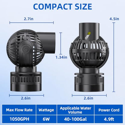 FREESEA Magnetic Wave Maker for Aquarium: 1s Mounts on 15mm Glass Secure | 6W 1050GPH 180°Adjustable Powerful Head Help Eliminate Dead Spots - Improve Water Quality for 40-100 Gallon Fish Tan - size: 1050 GPH (Black)