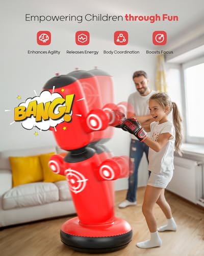 QPAU 360° Rotatable Punching Bag for Kids, Lager 64” Kids Punching Bag with Gloves, Hand Pump & 6 Targets, Bop Bag Inflatable Punching Toy, Karate Gifts for Boys, Girls - color: Red