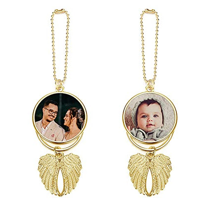 PiercingJ Custom Photo Rearview Mirror Car Charm Double Side Picture Engraving Car Hanging Ornament Angel Wing Car Charm Gift for Men Women Gold - color: Gold-1 Pc