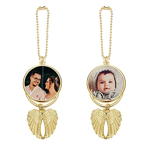 PiercingJ Custom Photo Rearview Mirror Car Charm Double Side Picture Engraving Car Hanging Ornament Angel Wing Car Charm Gift for Men Women Gold - color: Gold-1 Pc