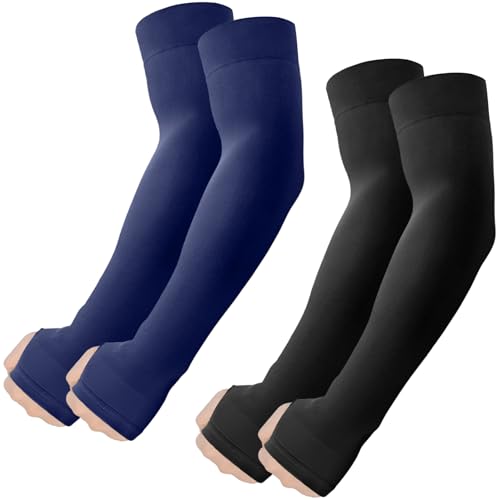 ROXUN Arm Sleeves with Thumb Hole, Cooling UV Sun Protection Compression Tattoo Cover Up for Men/Women - color: 2 Pairs - Black+navy