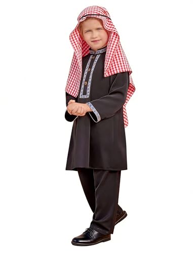 OBEEII Toddler Baby Boy Muslim Thobe Long Sleeve Thobe Robe + Pants + Shemagh Keffiyeh 3PCS Saudi Ramadan Outfit Abaya 12M-5Y - color: Black(3pcs), size: 18-24 Months