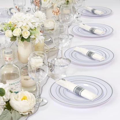 175PCS White Silver Plastic Dinnerware Set for 25 Guests, Fancy Disposable Plates for Party, Include: 25 Dinner Plates, 25 Dessert Plates, 25 Pre Rolled Napkins with Silver Silverware, 25 Cups - color: White and Silver