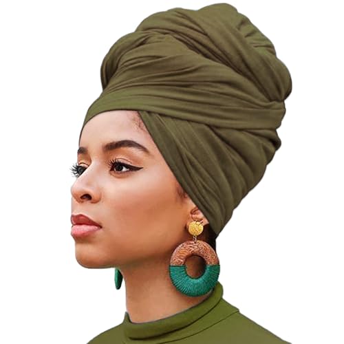 XTREND 1 Piece Stretch Head Wrap Jersey Turban Fashion Headband Solid Color Extra Long Hair Scarf Headwraps Bohemian Soft Breathable Turbans African for Women (Army Green) - color: Z1 Army Green