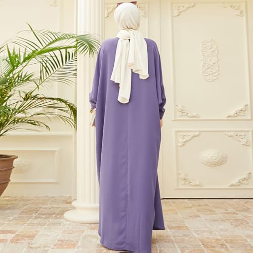 ODASDO Muslim Dresses for Women Abaya Button Down Henley Shirt Prayer Dress Batwing Long Sleeve Middle East Arabian Robe - color: Purple