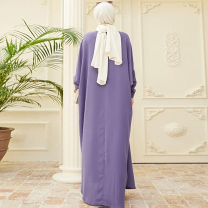 ODASDO Muslim Dresses for Women Abaya Button Down Henley Shirt Prayer Dress Batwing Long Sleeve Middle East Arabian Robe - color: Purple