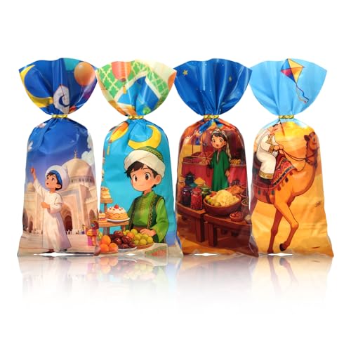 Boerni Eid Mubarak Goodie Bags - 100pcs Middle Eastern Theme Mosque Camel Moon Lanterns Print Plastic Cellophane Treat Goody Gift Bags for Islamic Eid Iftar Diwali Candies Sweet Snack Party Favors