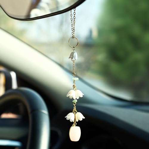 Car Rear View Mirror Accessories Cute Hanging Ornament, White Lily of The Valley Clear Quartz Beads Flower Handmade Rearview Decor Charm Cute Boho Swinging Interior Decor for Women Men - color: White Lily01