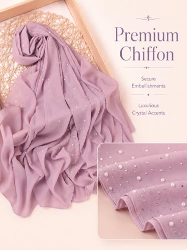 Chiffon Hijab Scarf for Women, Rhinestone Pearl Muslim Head Scarf, Lightweight Shawl Wrap - color: Light Purple