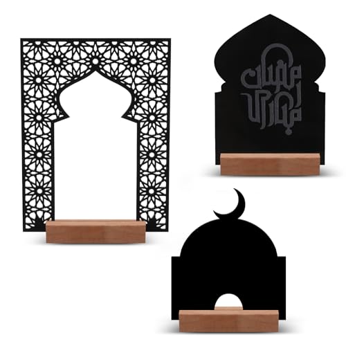 Gerrii 3 Pcs Ramadan Tabletop Decoration Eid Mubarak Islamic Decors Acrylic Ramadan Display Stand Set with Wooden Base for Home & Mosque Decoration, Black Eid Mubarak Display