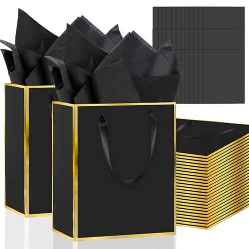 Epoesch 36 Pack Gift Bags with Handles & 36 Tissue Papers – 8x5x10 Inches - color: Black Gold, size: 1 Count (Pack of 36)