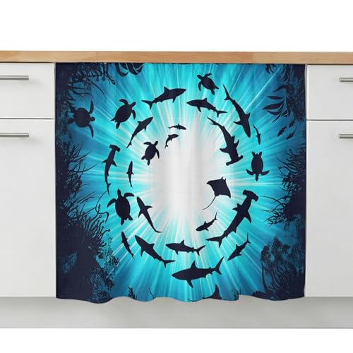 Blue Coastal Sink Skirt 11"Wx13"L, Dustproof Under Sink Curtain with Self Adhesive Tape, Nautical Fish Turtle Coral Cabinet Curtain Cover for Bathroom Vanity, RV, Kitchen Cabinet Storage Shelf - size: 11"W x 13"L (Pack of 1)