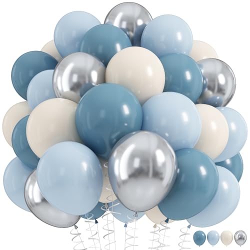 Dusty Blue Balloon Set, 60Pcs 12 Inch Retro Baby Slate Blue Ivory White Metallic Silver Balloons Birthday Decor, Pastel Blue Beige Cream Ocean Balloon for Bridal Wedding Gender Reveal Party Decoration - color: Blue White Silver, size: 12 inch 60pcs