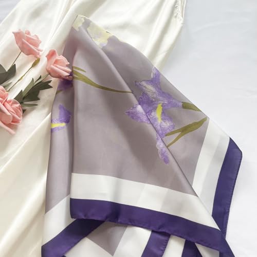 FONYVE Silk Feeling Scarf Medium Square Satin Head Scarf for Women 27.5 × 27.5 inches - color: 03 Purple Flowers