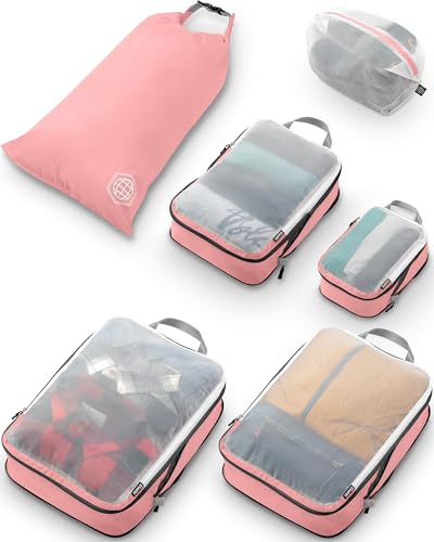 TRIPPED Travel Gear Large Compression Packing Cubes with Mesh 6-Piece Set - color: Dusty Rose