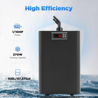 160L/42.26Gal Aquarium Chiller, 1/10HP Low Noise Fish Tank Water Cooler with Special Quiet Design Refrigeration Compressor ＆ Water Tube for Axolotl Coral Jellyfish (160L/42.26Gal)