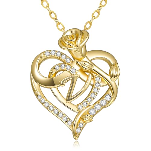 14k Gold Plated Heart Initial Necklaces for Women - style: Letter V