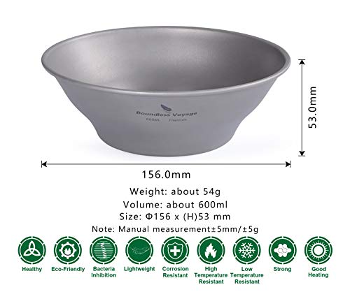 Boundless Voyage Ultralight Titanium Bowl Pan Plate Dish with Carry Bag Outdoor Camping Portable Tableware Cookware (Ti15164B (600ml Bowl)) - color: Ti15164B (600ml Bowl)