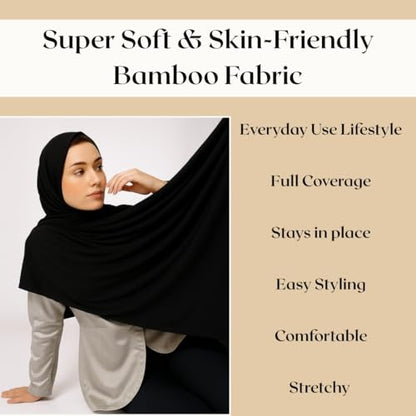 Premium Bamboo Jersey Hijab Scarves -Turban Head Wraps for Women, Fashion Headbands Long Plain Muslim Shawls - color: Black