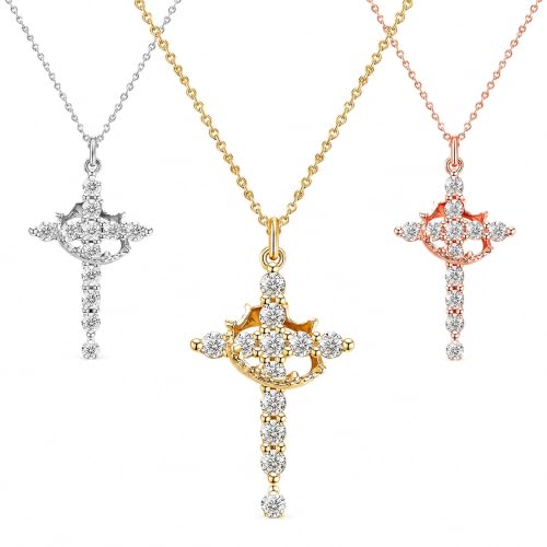 Upgraded Crown Cross Necklace for Women (3-Pack) – 14K Plated in Gold/Silver/Rose Gold Pendant Necklace, Adjustable 18" Chain, Waterproof, Non Tarnish, First Communion, Baptism, Christian Necklace Gift & Fashion Jewelry for Women
