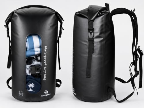 Freegrace Waterproof Dry Bag Set of 3 - Submersible Dry Sack with Double Zip Lock Seals - Includes Waist Pouch & Phone Case - Perfect for Kayaking, Swimming, Boating & Rafting (Window, Black, 35L) - color: Black, size: 35L, style: Window