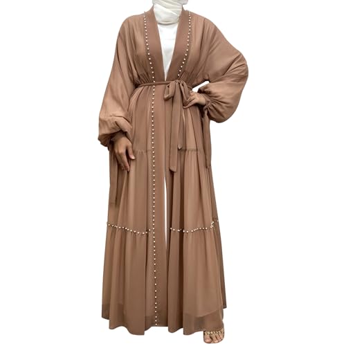 Abayas For Women Muslim Ramadan Long Sleeve Open Front Imitation Pearls Tiered Chiffon Dress Cardigan with Belt Dubai Kaftan - color: Brown, size: XX-Large