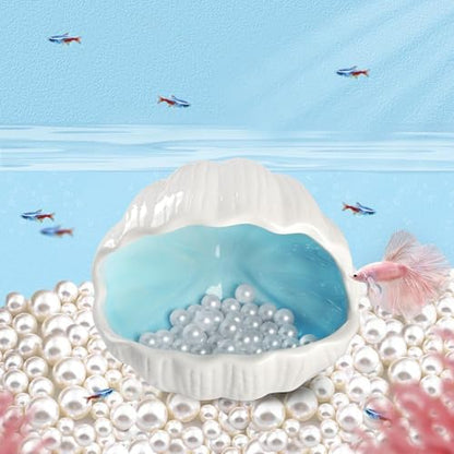 Ceramic Shell Cave with 50 Pearls - Betta Fish & Shrimp Tank Decorative Hideout(Blue + 50PCS Pearl)
