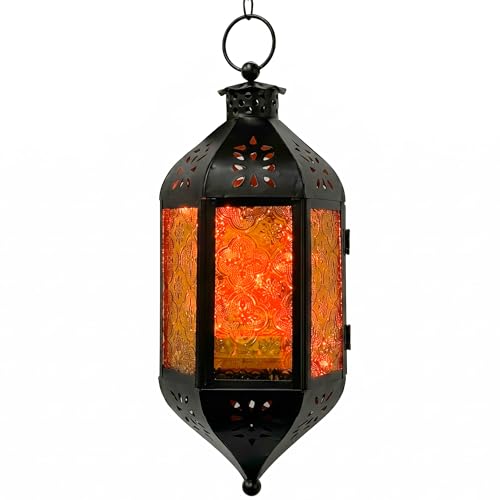 Vela Lanterns Hanging Moroccan Lantern with LED Twinkle Fairy Lights - Exotic Decorative Patio & Porch Decor, Indoor Outdoor Candle Lamp Holder with Chain (13" Large, Amber Glass) - color: Amber, size: Large