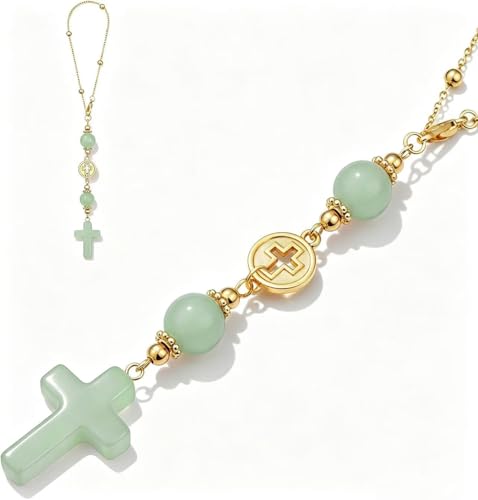Cross Crystal Hanging Car Charm - Cute Healing Stones Rear View Mirror Decor, Boho Handmade Sun Catcher Ornament with Rose Quartz Crystal &Tiger Eye - Meaningful Gift for Women - color: Green Aventurine