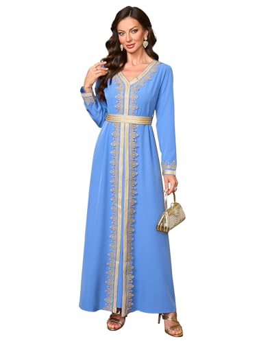 Embroidery Abayas for Women Muslim Moroccan Floral Maxi Kaftan Dress Arabic Islamic Dubai Robe Ramadan Prayer Clothes - color: Blue, size: Large