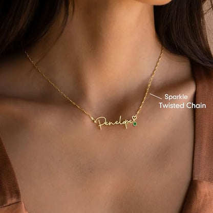 DayOfShe Name Necklace Personalized for Women, 18K Gold Plated Cuban Chain Necklaces Customized with Name as Christmas Girlfriend Gift - color: Name+Birthstone