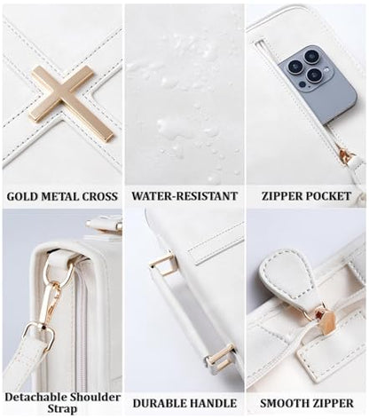 Vegan Leather Bible Cover Case, Bible Bag with Phone Pocket, Bible Case for Women, Christian Gift Box Packaging (White – with Strap) - color: White – With Strap