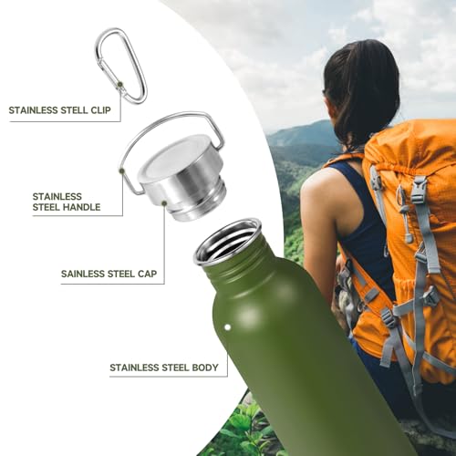 Volhoply 26oz Uninsulated Single Walled Water Bottle, Stainless Steel Reusable Water Bottles with Handle & Carabiner, BPA Free Wide Mouth Water Bottles for Gym Sports Camping（Army Green,1） - color: Army Green