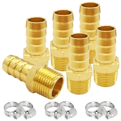 Uenede Brass 3/8" NPT Male to 1/2" Hose Barbed Fittings, 6PCS | Barb Pipe Fittings with Clamps Air Line Repair Connectors for Water Oil Gas - size: 1/2"Barb, style: 3/8"NPT Male