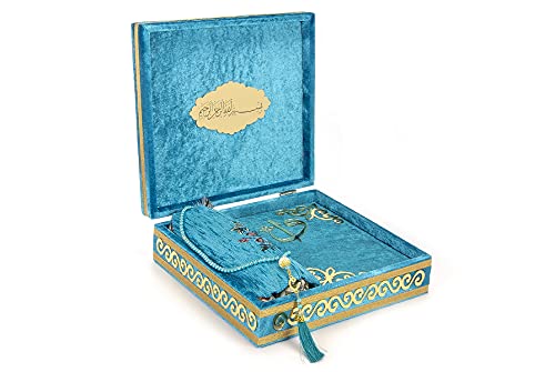 ihvan online Luxury Islamic Prayer Velvet Covered Gift Box, Deluxe 4 Piece Set with Elegant Velvet Covered Quran & Prayer Beads Tesbih & Prayer Rug, Ramadan & Eid Gift, Petroleum - color: Petroleum